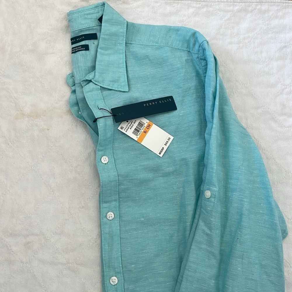 NWT men’s Perry Ellis linen blend button-down shirt aqua sea color size S/CH - Picture 2 of 8
